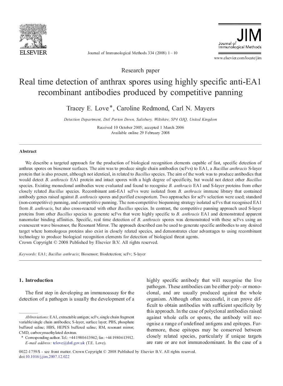 Real time detection of anthrax spores using highly specific anti-EA1 recombinant antibodies produced by competitive panning