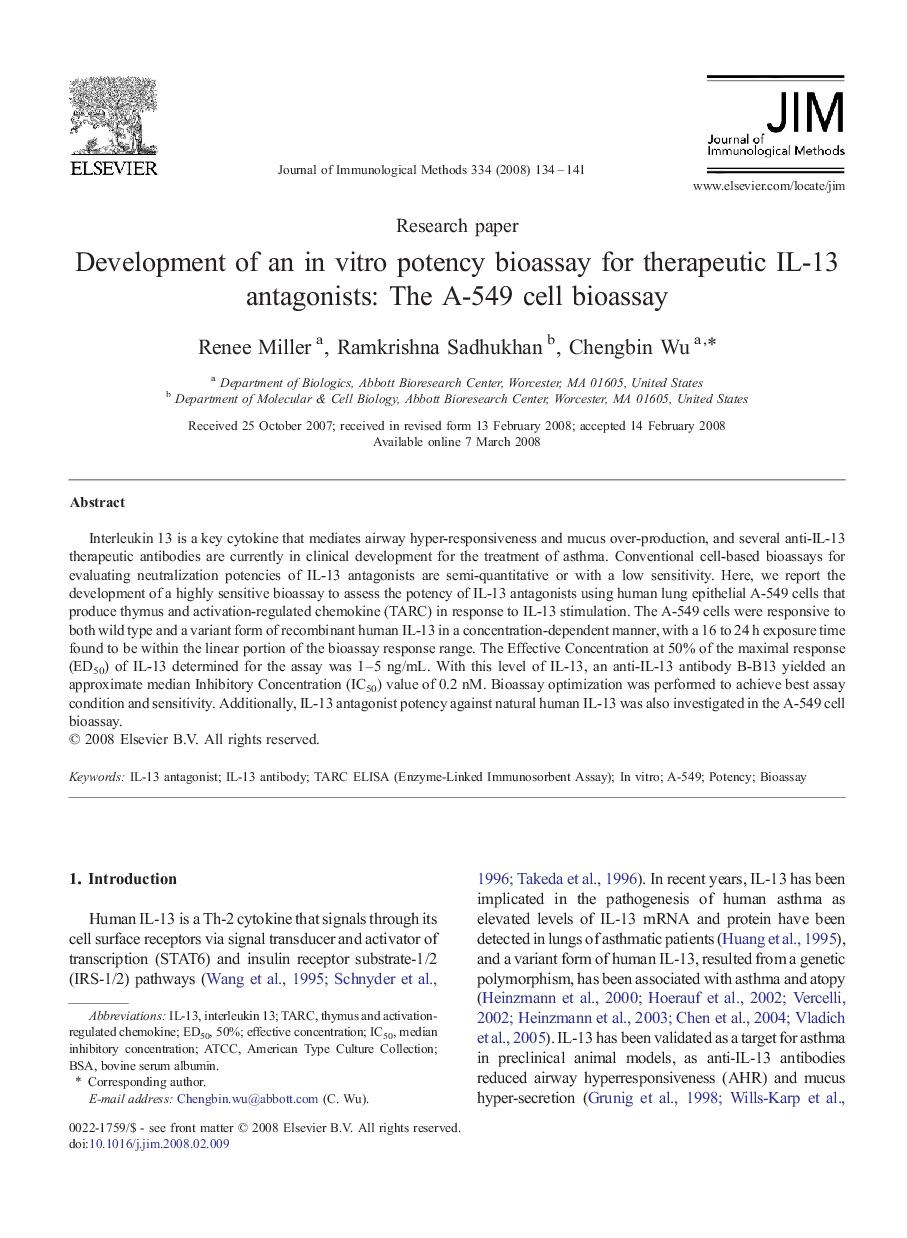 Development of an in vitro potency bioassay for therapeutic IL-13 antagonists: The A-549 cell bioassay