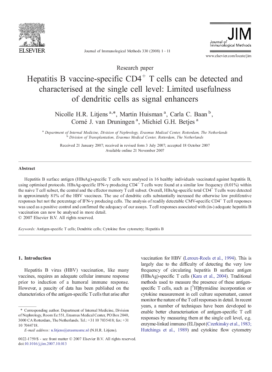 Hepatitis B vaccine-specific CD4+ T cells can be detected and characterised at the single cell level: Limited usefulness of dendritic cells as signal enhancers