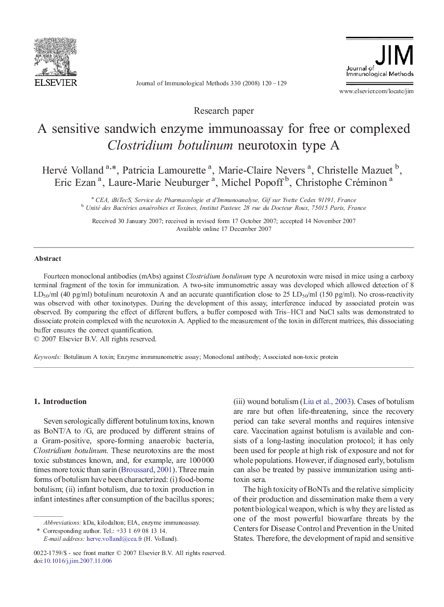 A sensitive sandwich enzyme immunoassay for free or complexed Clostridium botulinum neurotoxin type A