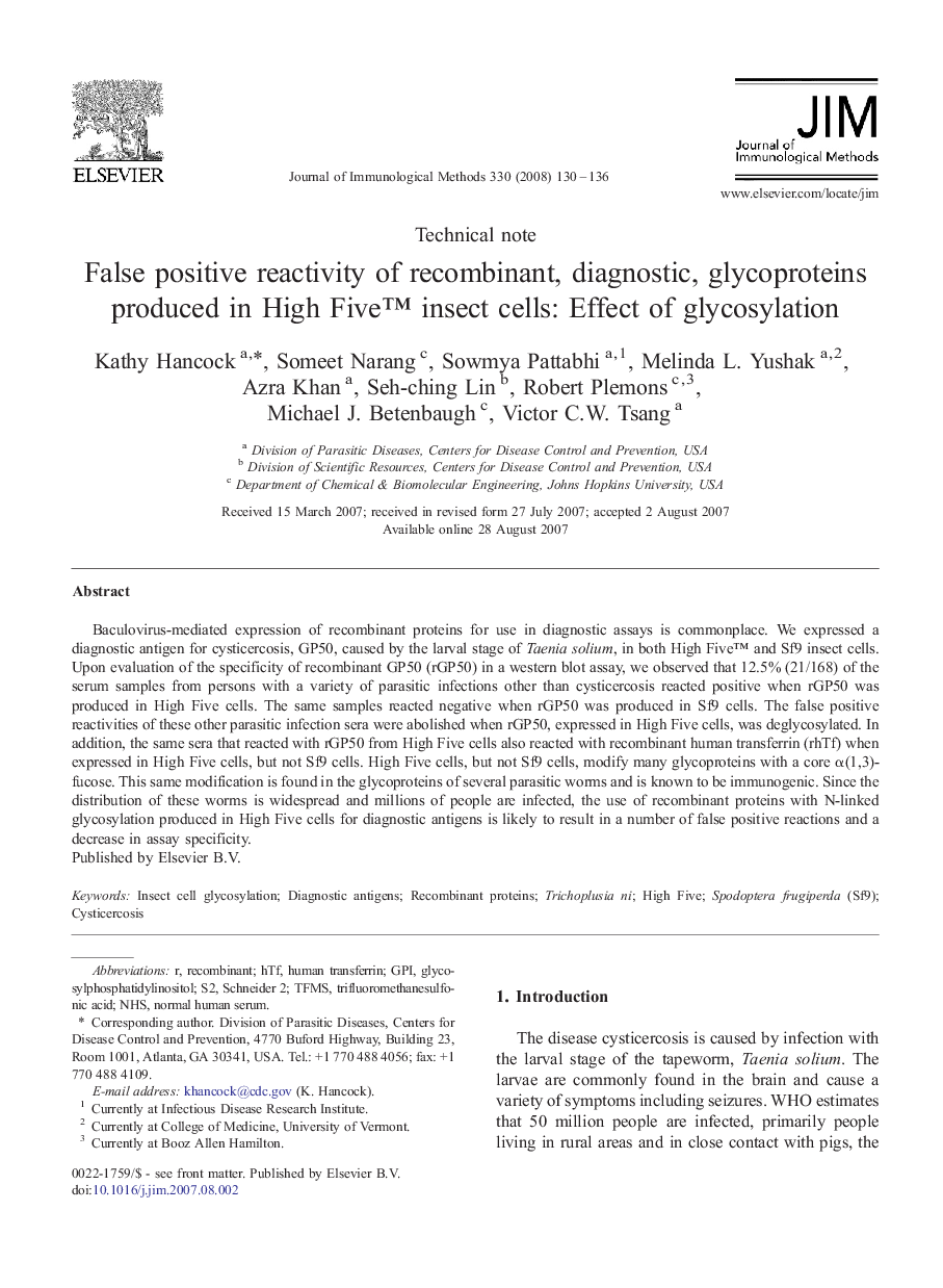 False positive reactivity of recombinant, diagnostic, glycoproteins produced in High Five™ insect cells: Effect of glycosylation