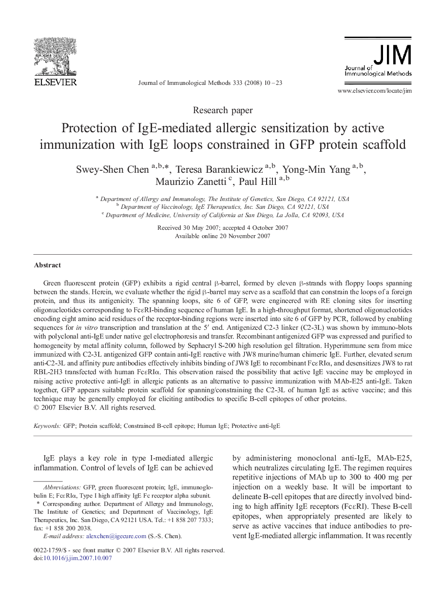 Protection of IgE-mediated allergic sensitization by active immunization with IgE loops constrained in GFP protein scaffold