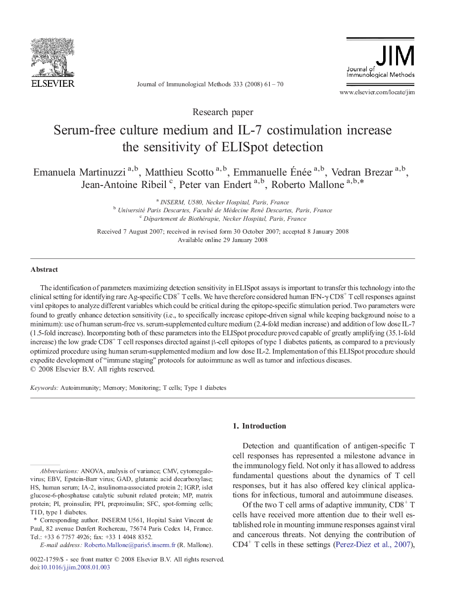 Serum-free culture medium and IL-7 costimulation increase the sensitivity of ELISpot detection