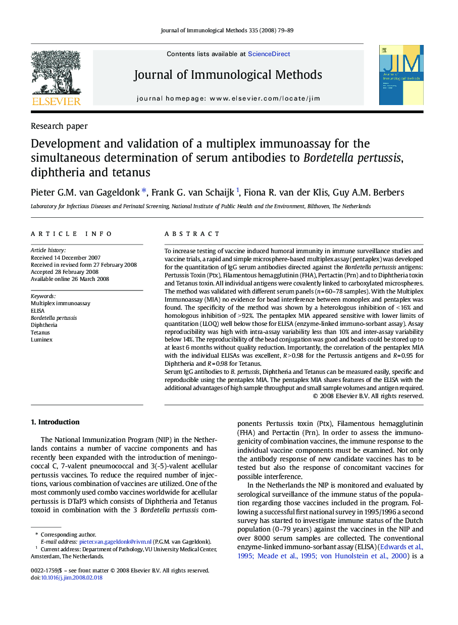 Development and validation of a multiplex immunoassay for the simultaneous determination of serum antibodies to Bordetella pertussis, diphtheria and tetanus