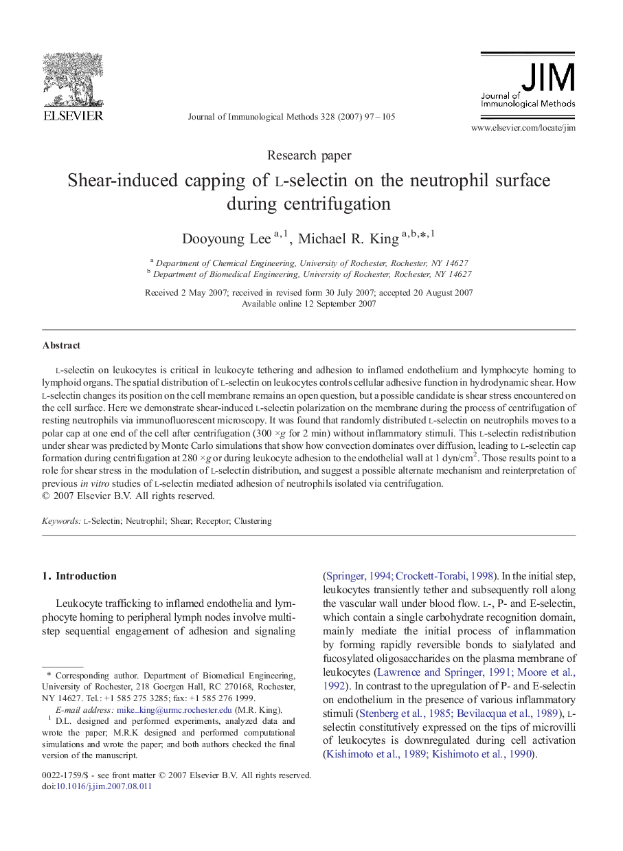 عکس صفحه اول مقاله: Shear-induced capping of l-selectin on the neutrophil surface during centrifugation Shear-induced capping of l-selectin on the neutrophil surface during centrifugation