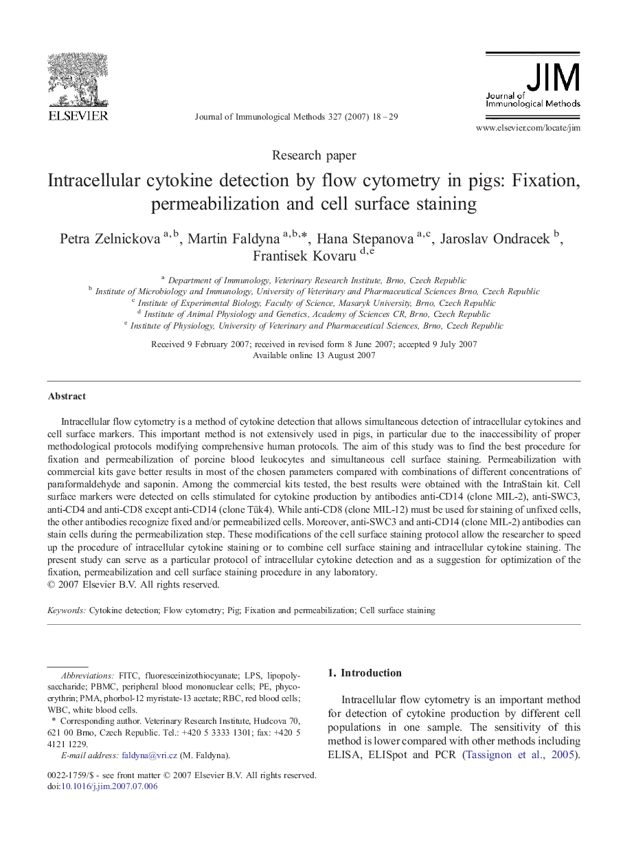 Intracellular cytokine detection by flow cytometry in pigs: Fixation, permeabilization and cell surface staining