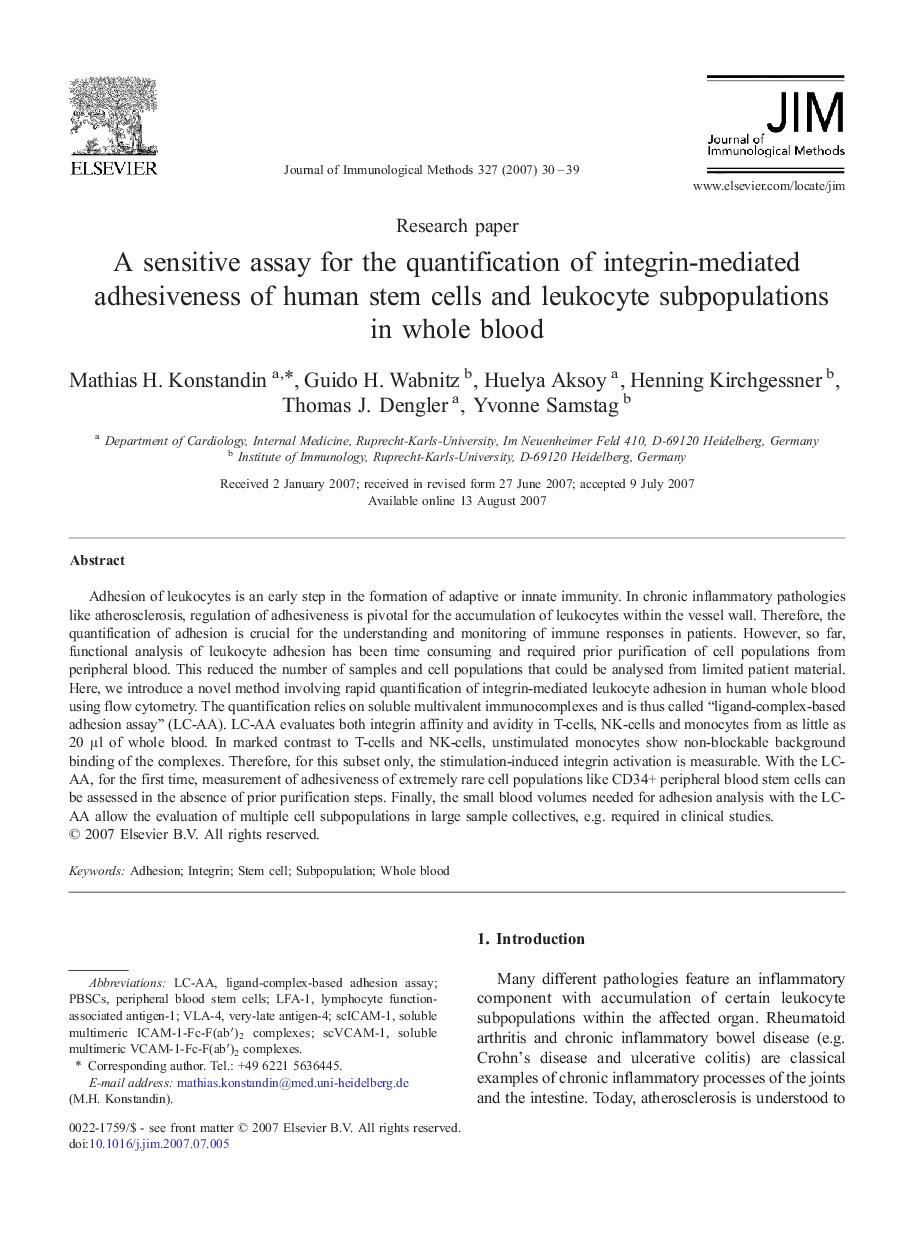 A sensitive assay for the quantification of integrin-mediated adhesiveness of human stem cells and leukocyte subpopulations in whole blood