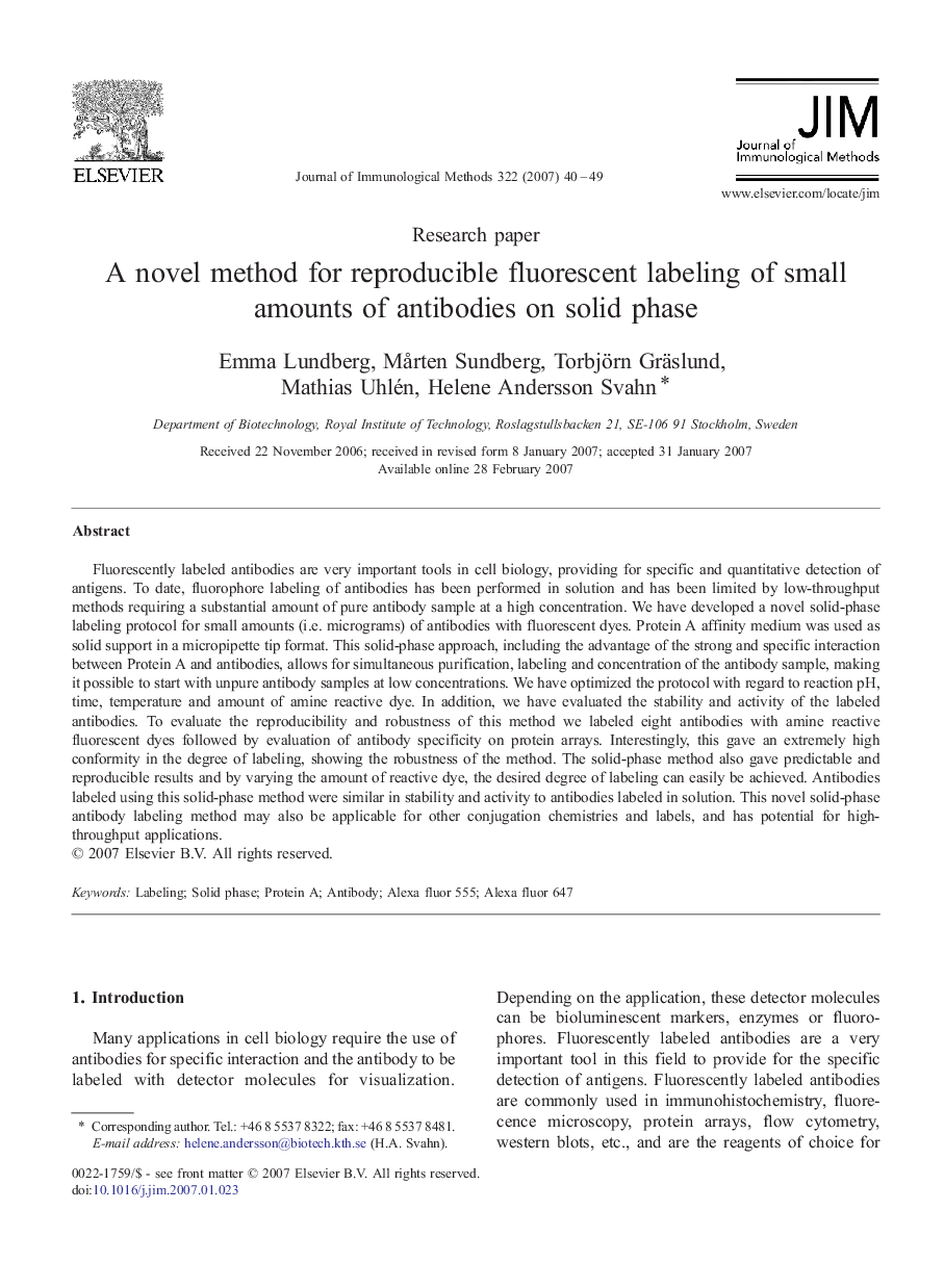 A novel method for reproducible fluorescent labeling of small amounts of antibodies on solid phase