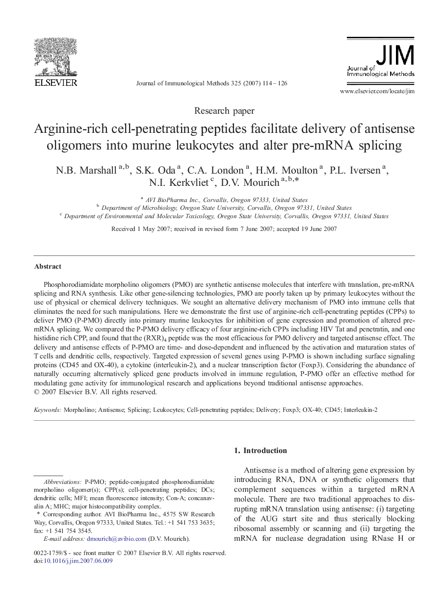 Arginine-rich cell-penetrating peptides facilitate delivery of antisense oligomers into murine leukocytes and alter pre-mRNA splicing