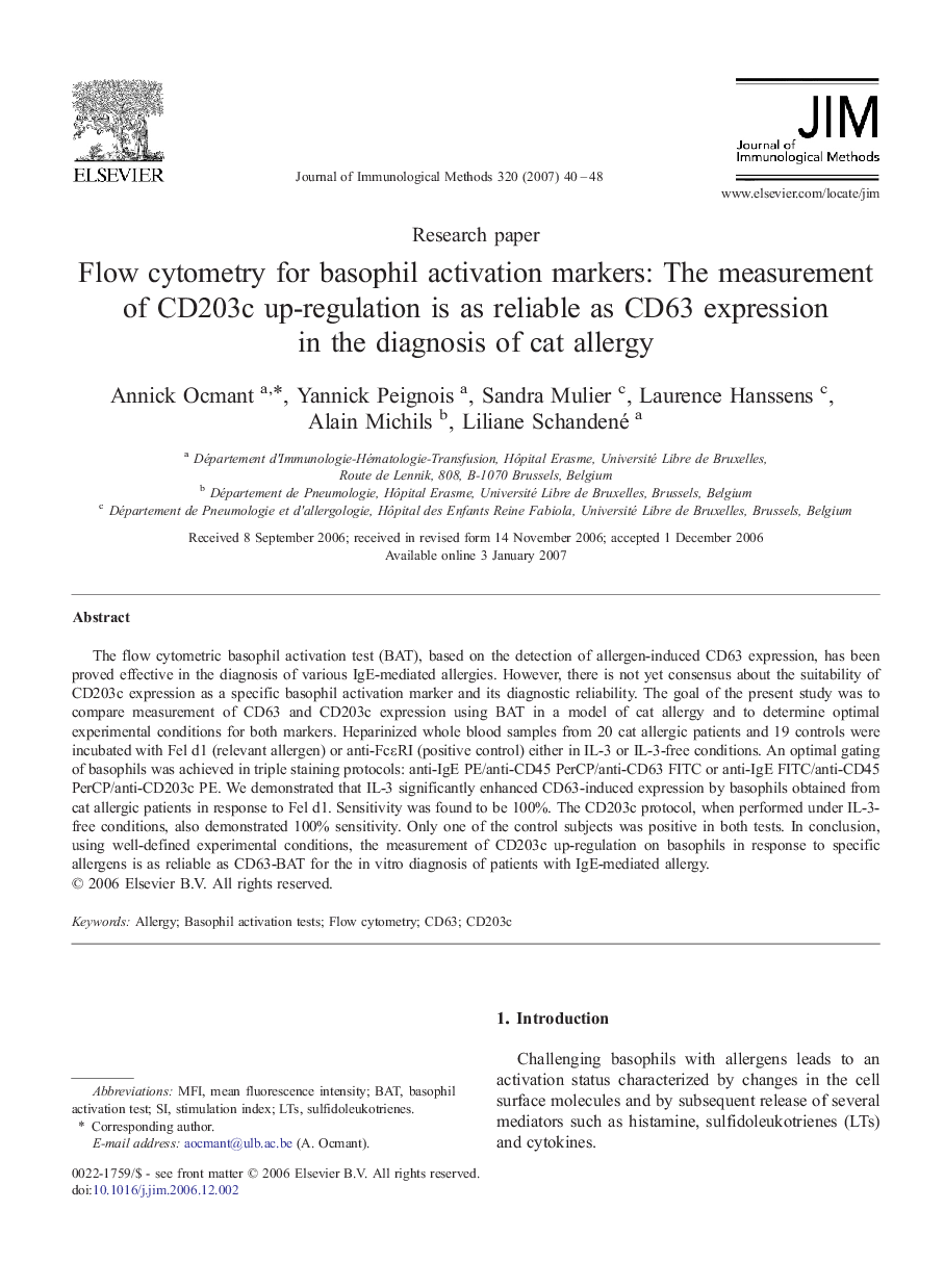 Flow cytometry for basophil activation markers: The measurement of CD203c up-regulation is as reliable as CD63 expression in the diagnosis of cat allergy