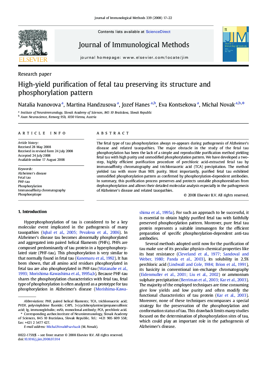 High-yield purification of fetal tau preserving its structure and phosphorylation pattern