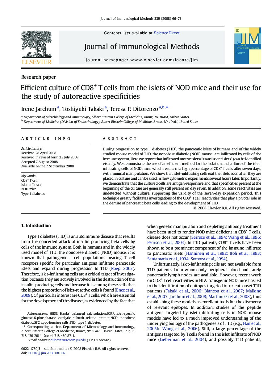 Efficient culture of CD8+ T cells from the islets of NOD mice and their use for the study of autoreactive specificities