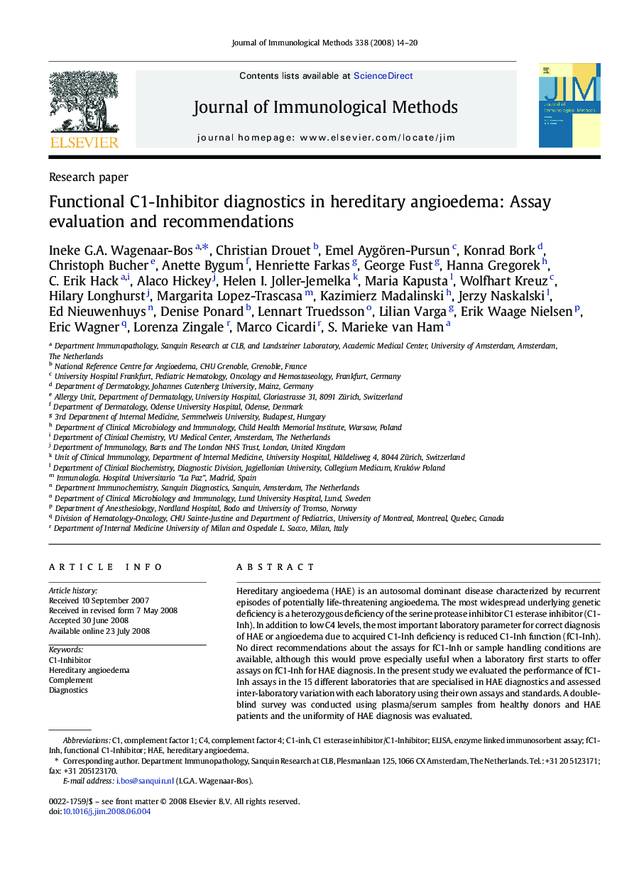 Functional C1-Inhibitor diagnostics in hereditary angioedema: Assay evaluation and recommendations