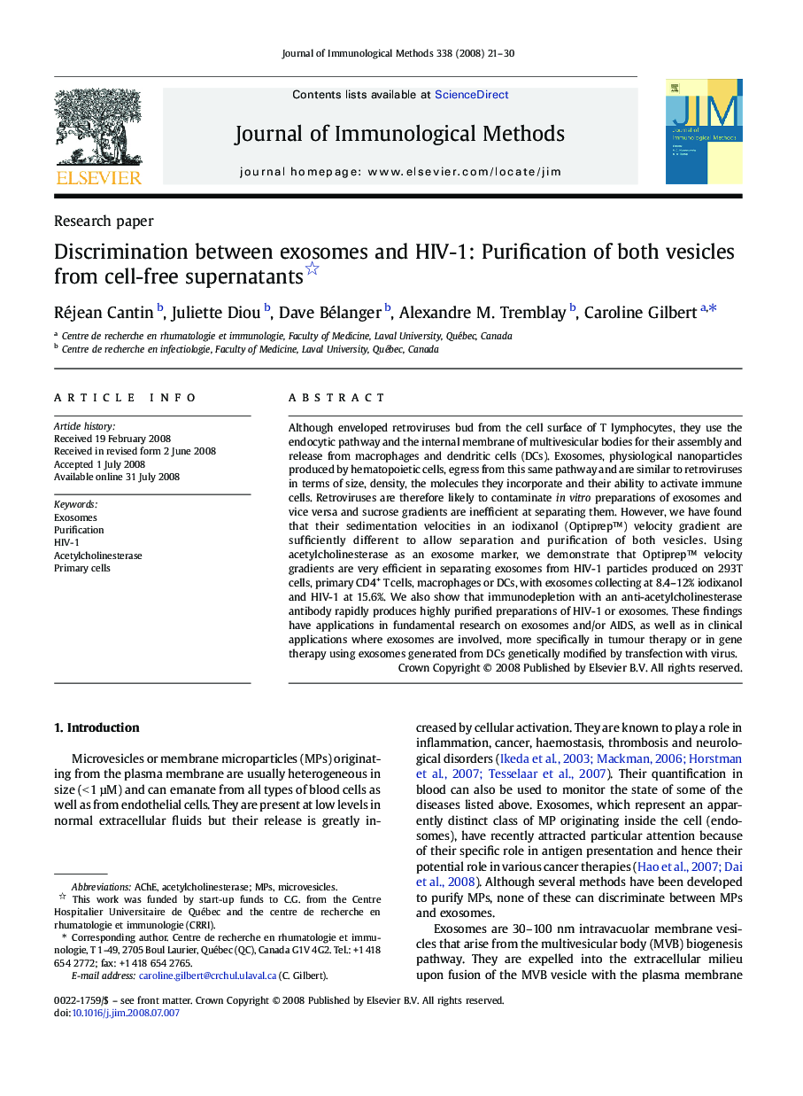 Discrimination between exosomes and HIV-1: Purification of both vesicles from cell-free supernatants 