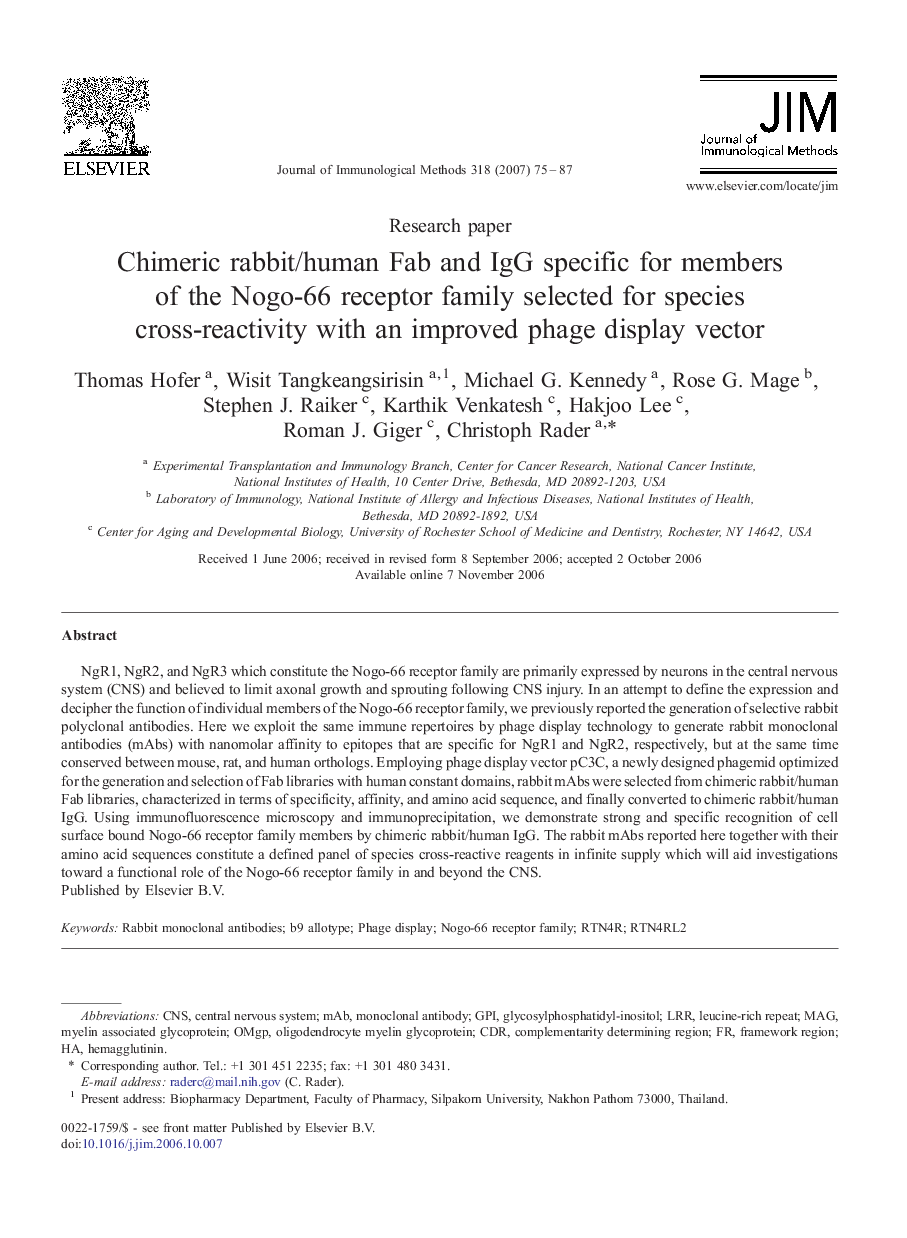 Chimeric rabbit/human Fab and IgG specific for members of the Nogo-66 receptor family selected for species cross-reactivity with an improved phage display vector