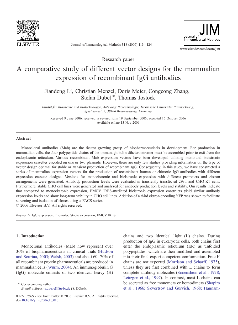 A comparative study of different vector designs for the mammalian expression of recombinant IgG antibodies