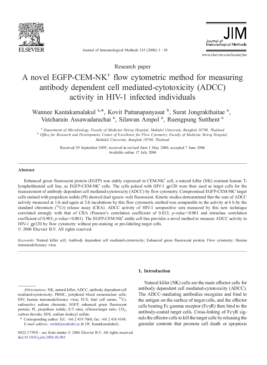 A novel EGFP-CEM-NKr flow cytometric method for measuring antibody dependent cell mediated-cytotoxicity (ADCC) activity in HIV-1 infected individuals