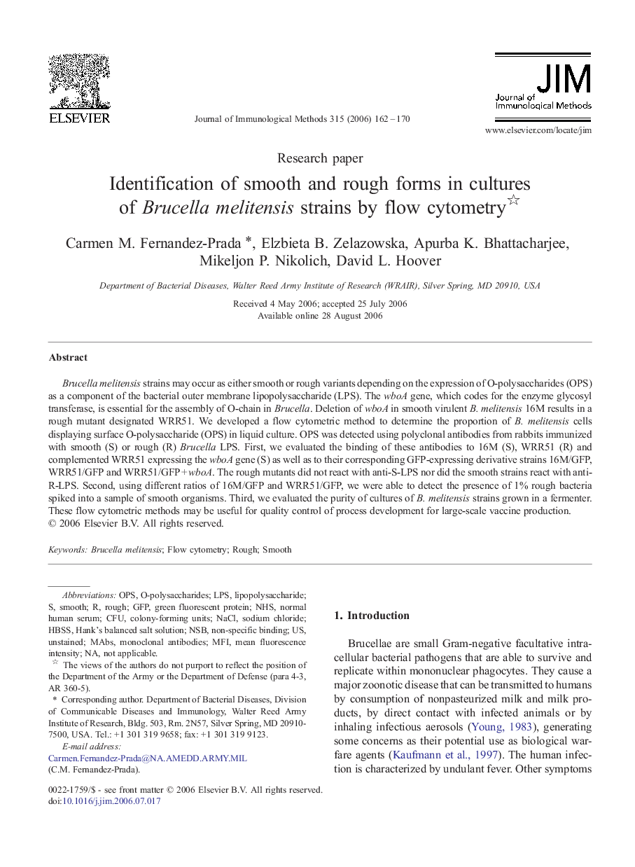 Identification of smooth and rough forms in cultures of Brucella melitensis strains by flow cytometry 