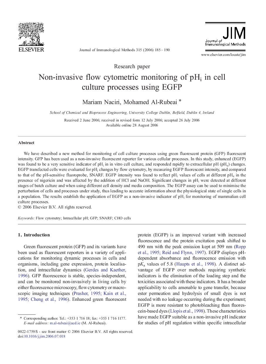 Non-invasive flow cytometric monitoring of pHi in cell culture processes using EGFP