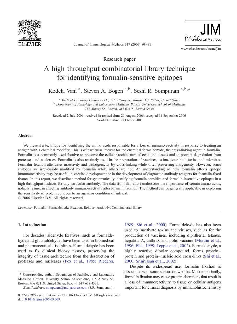 A high throughput combinatorial library technique for identifying formalin-sensitive epitopes