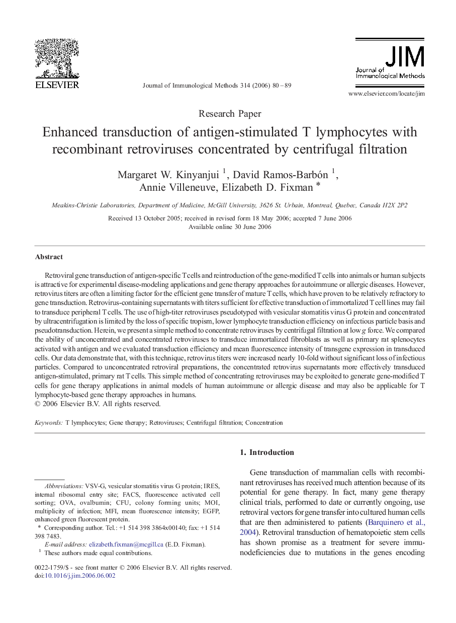 Enhanced transduction of antigen-stimulated T lymphocytes with recombinant retroviruses concentrated by centrifugal filtration