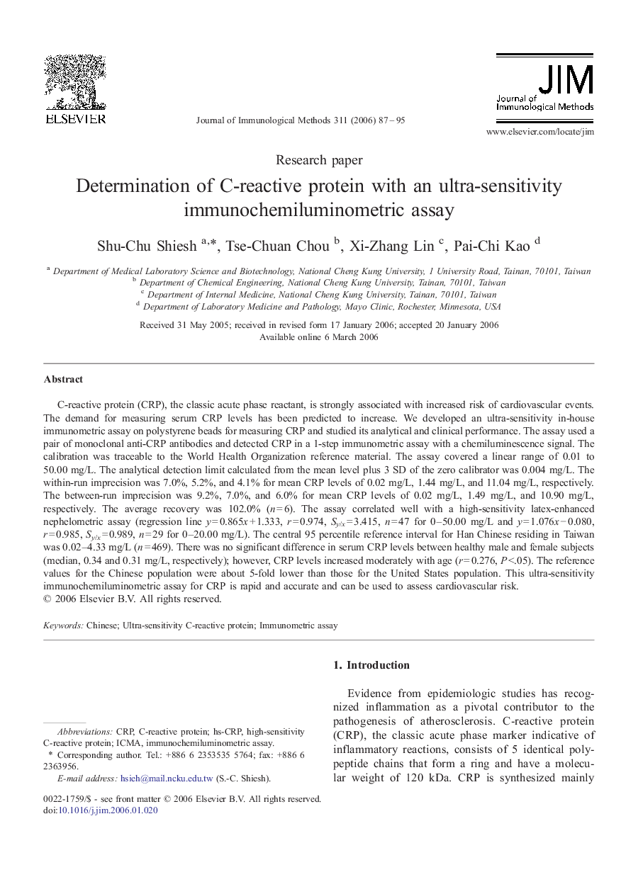 Determination of C-reactive protein with an ultra-sensitivity immunochemiluminometric assay