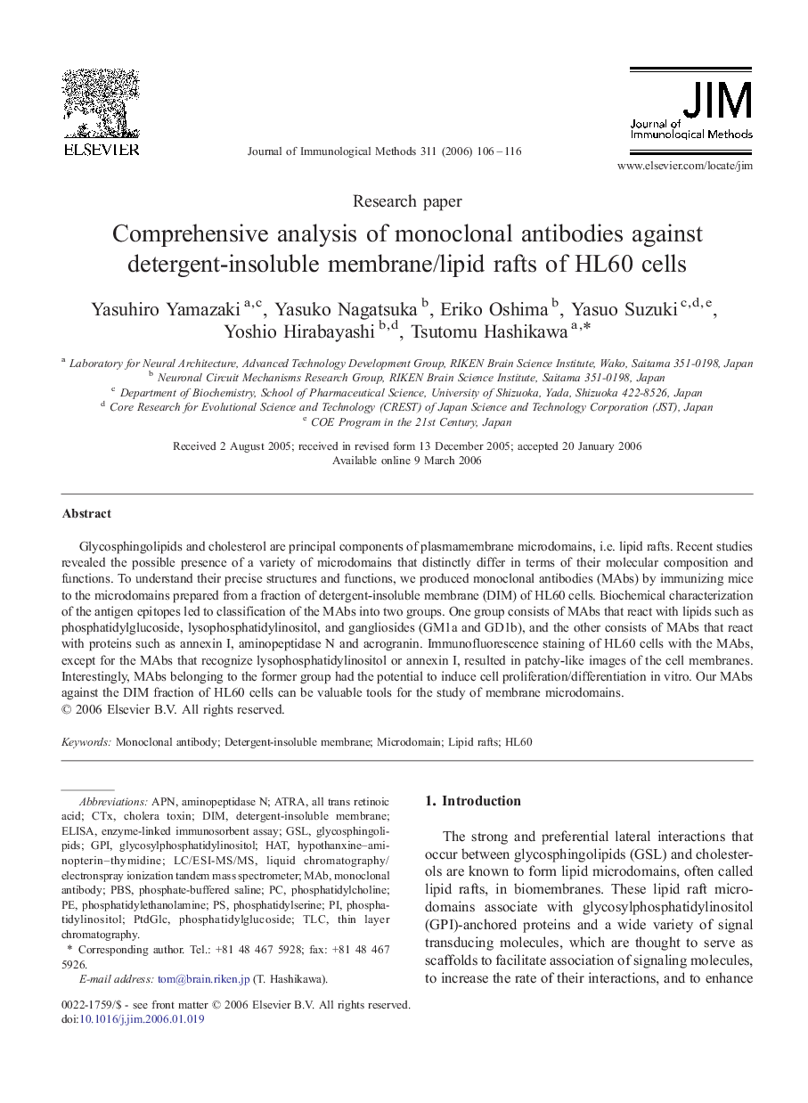 Comprehensive analysis of monoclonal antibodies against detergent-insoluble membrane/lipid rafts of HL60 cells