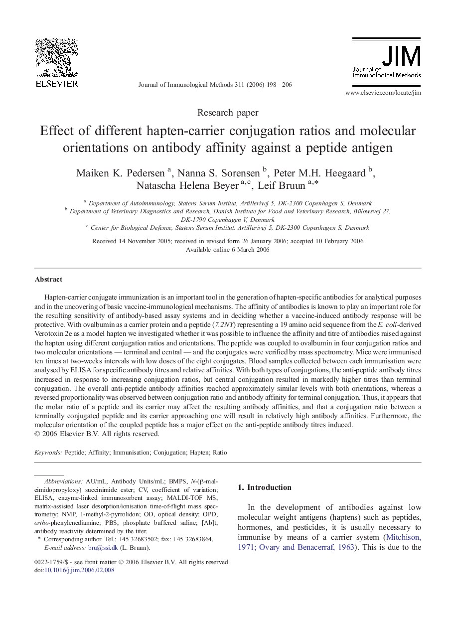 Effect of different hapten-carrier conjugation ratios and molecular orientations on antibody affinity against a peptide antigen