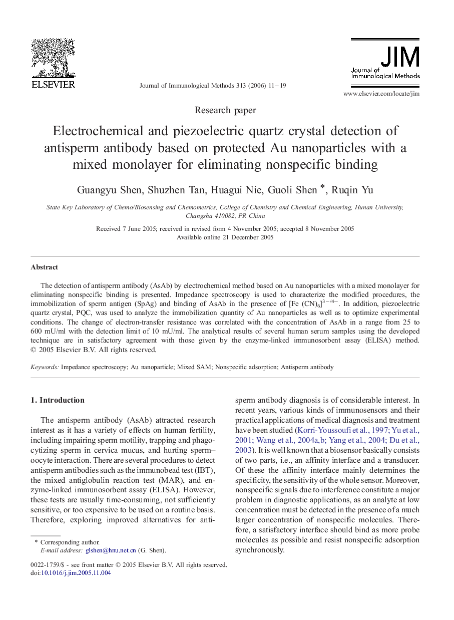 Electrochemical and piezoelectric quartz crystal detection of antisperm antibody based on protected Au nanoparticles with a mixed monolayer for eliminating nonspecific binding