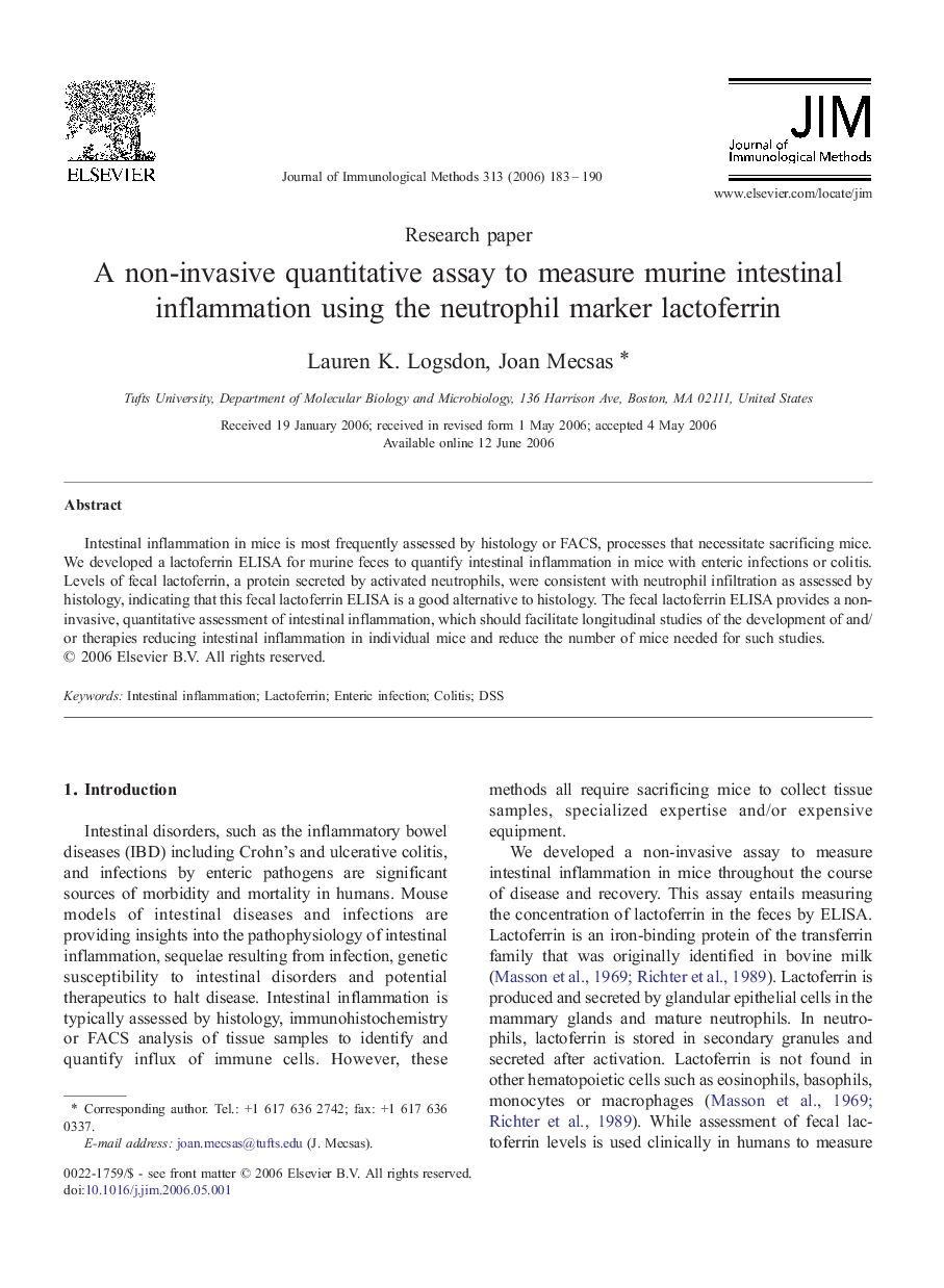 A non-invasive quantitative assay to measure murine intestinal inflammation using the neutrophil marker lactoferrin