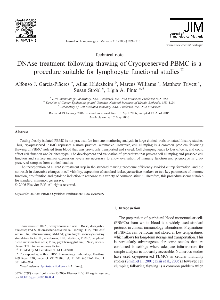 DNAse treatment following thawing of Cryopreserved PBMC is a procedure suitable for lymphocyte functional studies 