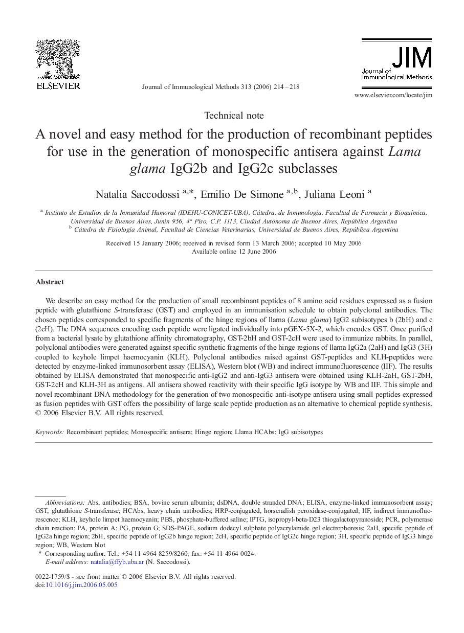 A novel and easy method for the production of recombinant peptides for use in the generation of monospecific antisera against Lama glama IgG2b and IgG2c subclasses