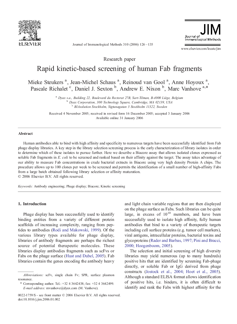 Rapid kinetic-based screening of human Fab fragments