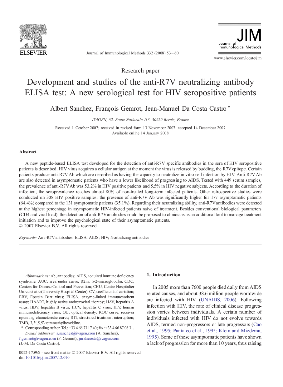 Development and studies of the anti-R7V neutralizing antibody ELISA test: A new serological test for HIV seropositive patients