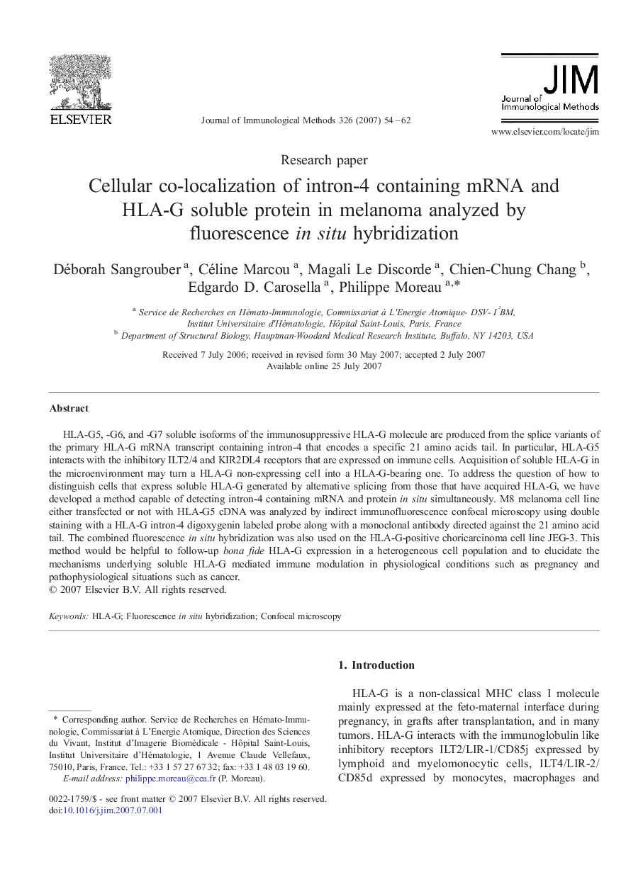 Cellular co-localization of intron-4 containing mRNA and HLA-G soluble protein in melanoma analyzed by fluorescence in situ hybridization