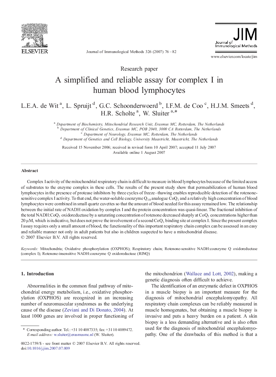 A simplified and reliable assay for complex I in human blood lymphocytes