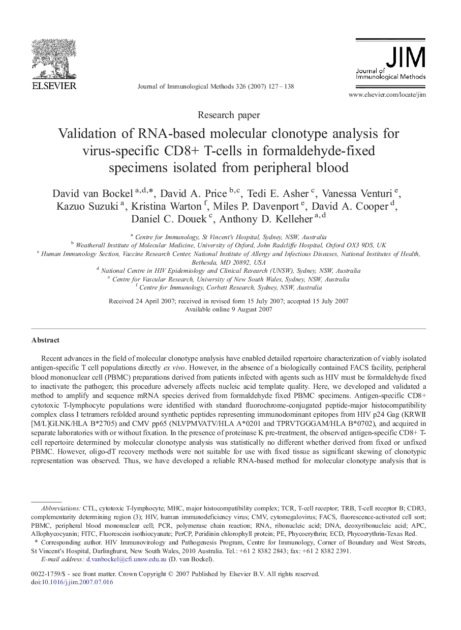 Validation of RNA-based molecular clonotype analysis for virus-specific CD8+ T-cells in formaldehyde-fixed specimens isolated from peripheral blood