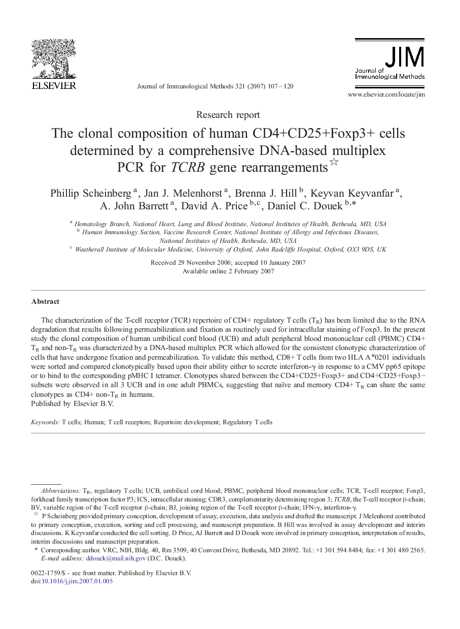 The clonal composition of human CD4+CD25+Foxp3+ cells determined by a comprehensive DNA-based multiplex PCR for TCRB gene rearrangements 