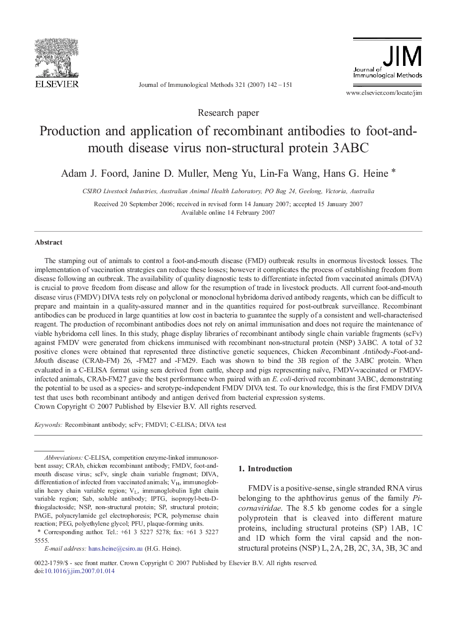 Production and application of recombinant antibodies to foot-and-mouth disease virus non-structural protein 3ABC