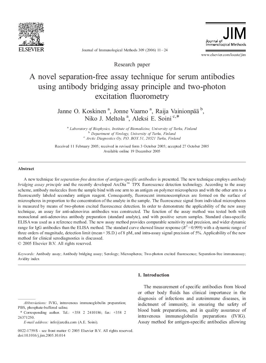 A novel separation-free assay technique for serum antibodies using antibody bridging assay principle and two-photon excitation fluorometry