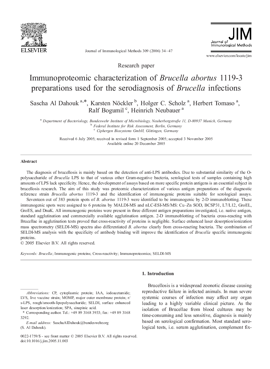 Immunoproteomic characterization of Brucella abortus 1119-3 preparations used for the serodiagnosis of Brucella infections