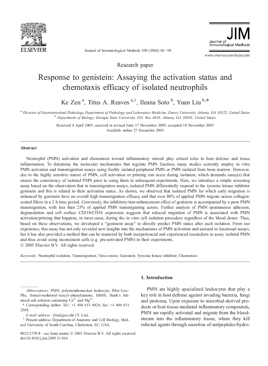 Response to genistein: Assaying the activation status and chemotaxis efficacy of isolated neutrophils