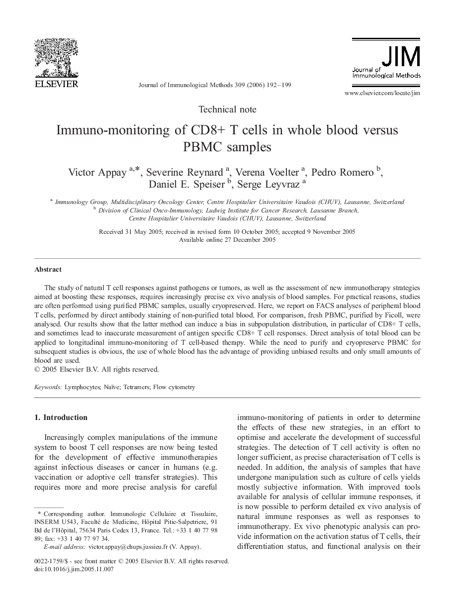 Immuno-monitoring of CD8+ T cells in whole blood versus PBMC samples