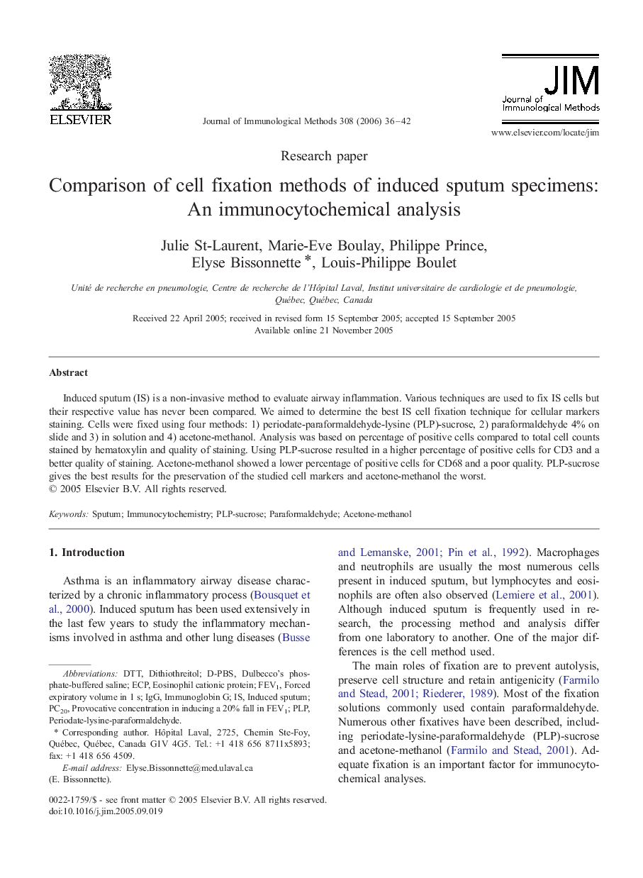 Comparison of cell fixation methods of induced sputum specimens: An immunocytochemical analysis