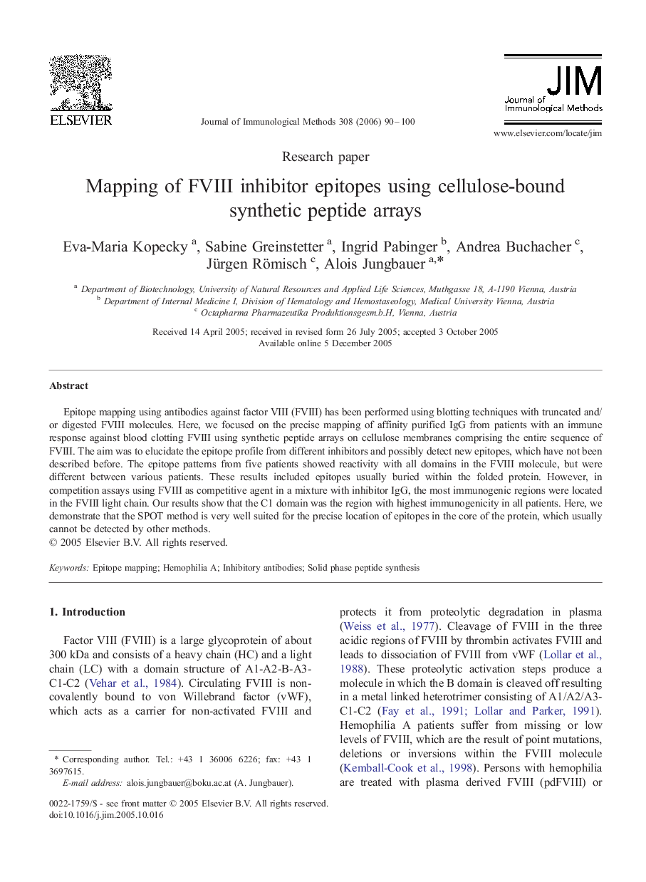 Mapping of FVIII inhibitor epitopes using cellulose-bound synthetic peptide arrays