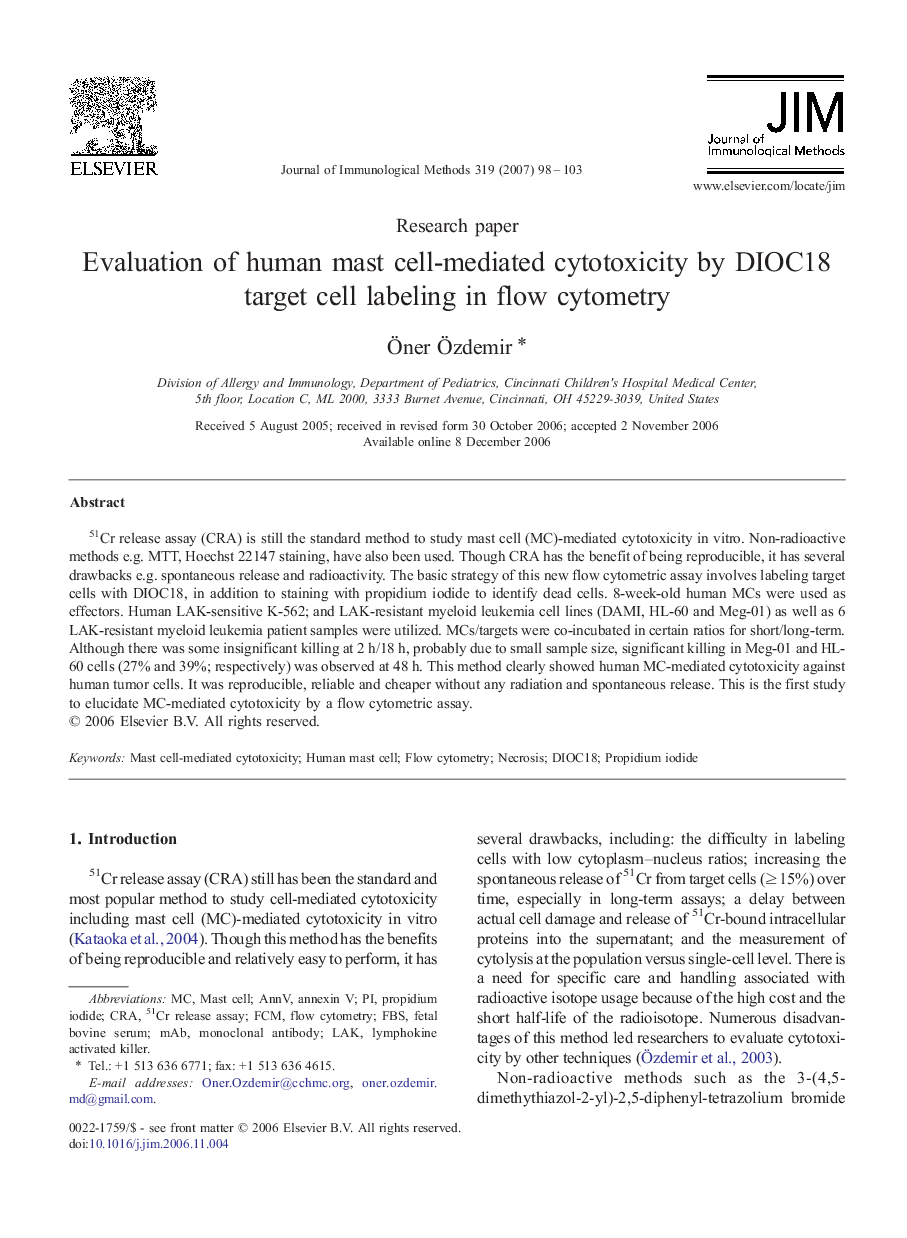 Evaluation of human mast cell-mediated cytotoxicity by DIOC18 target cell labeling in flow cytometry