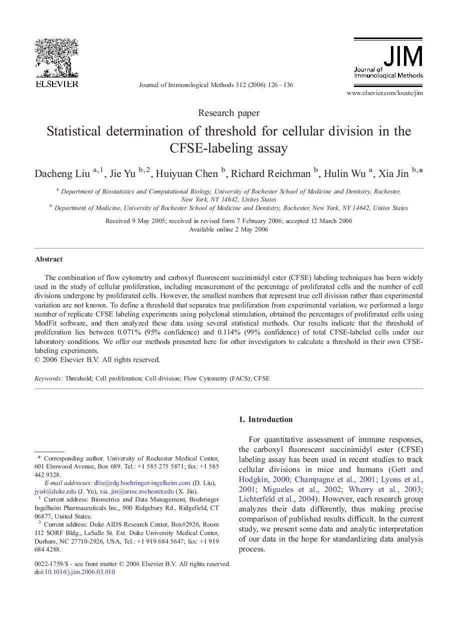 Statistical determination of threshold for cellular division in the CFSE-labeling assay