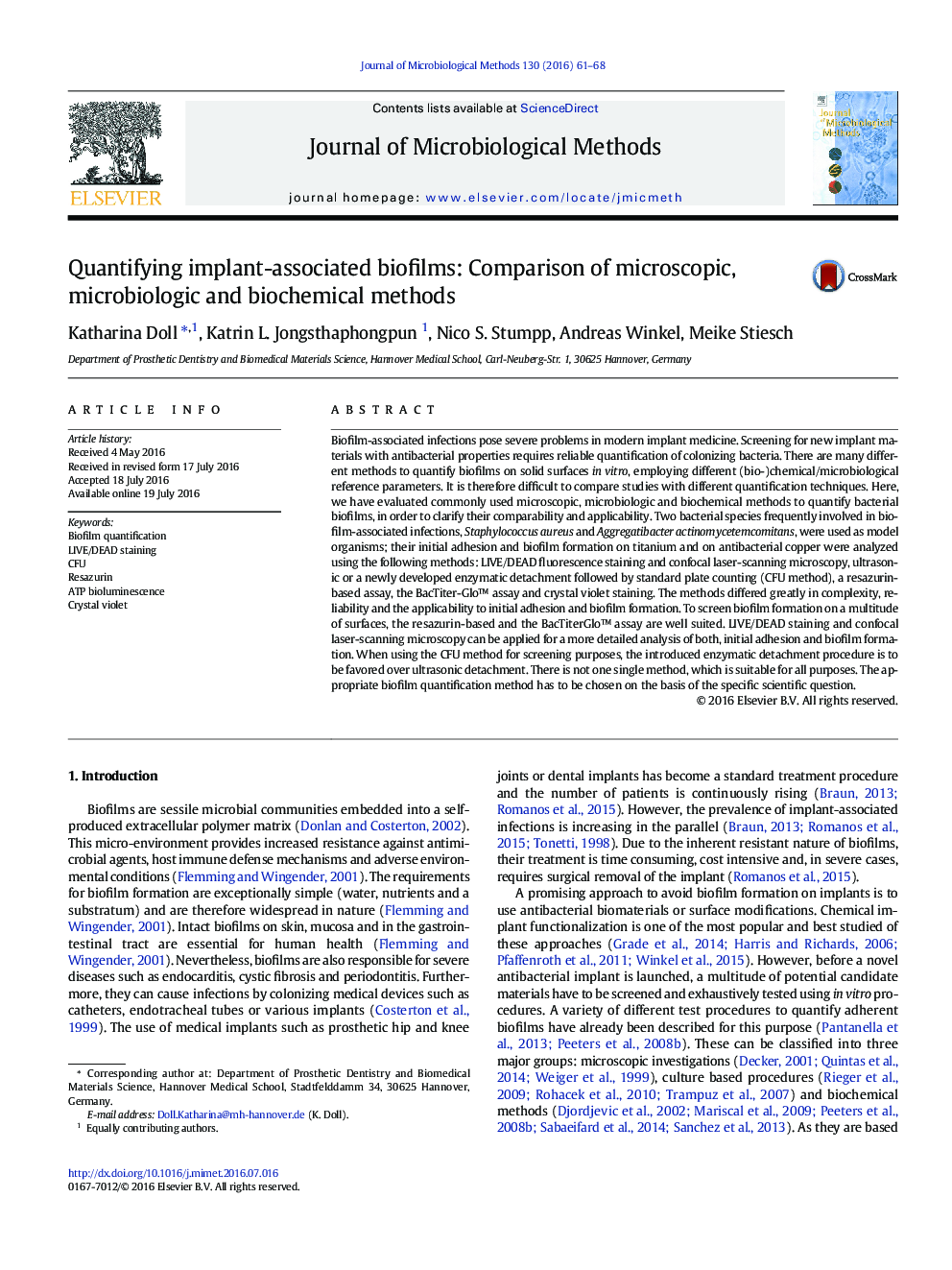 Quantifying implant-associated biofilms: Comparison of microscopic, microbiologic and biochemical methods