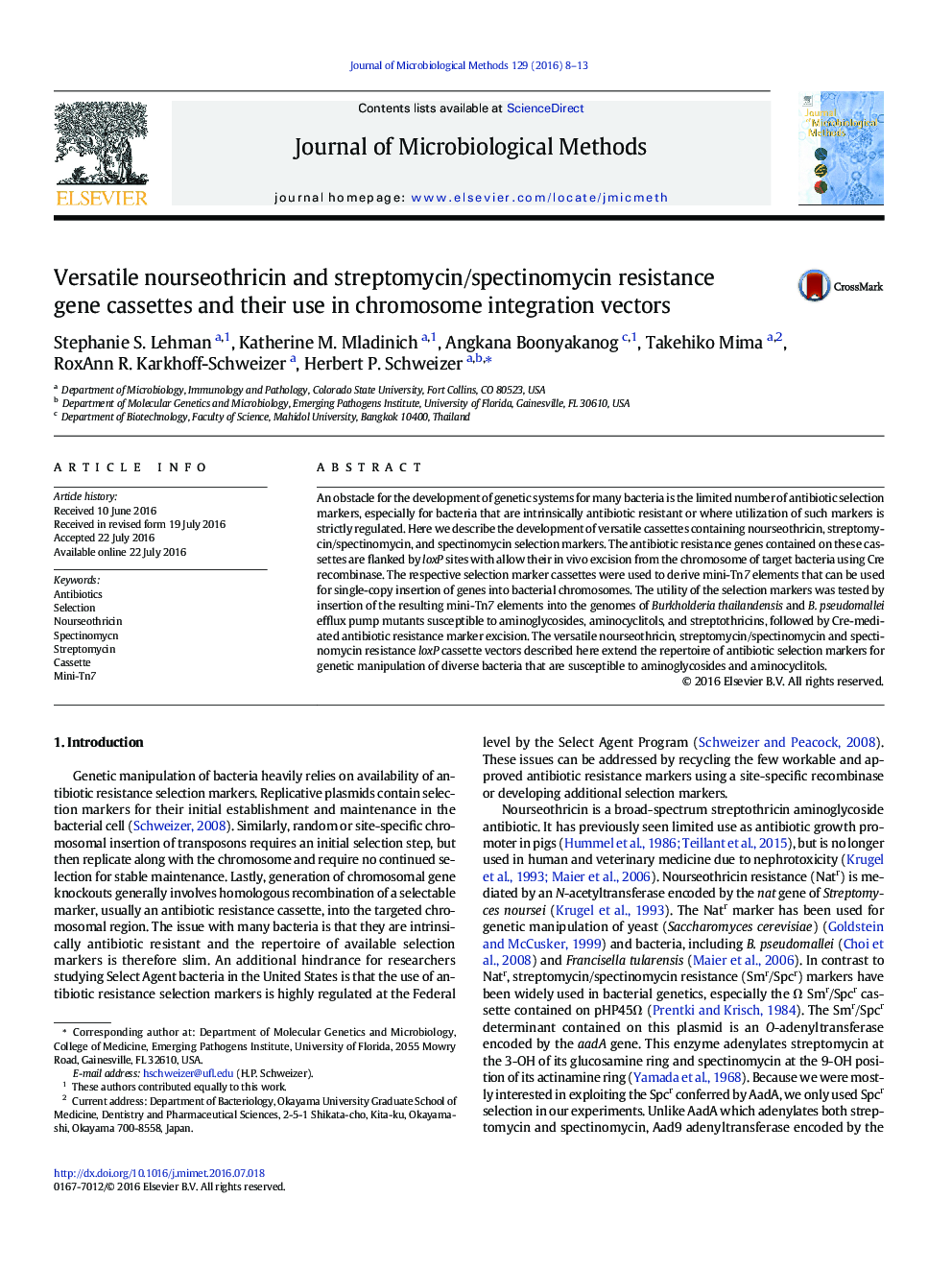 Versatile nourseothricin and streptomycin/spectinomycin resistance gene cassettes and their use in chromosome integration vectors