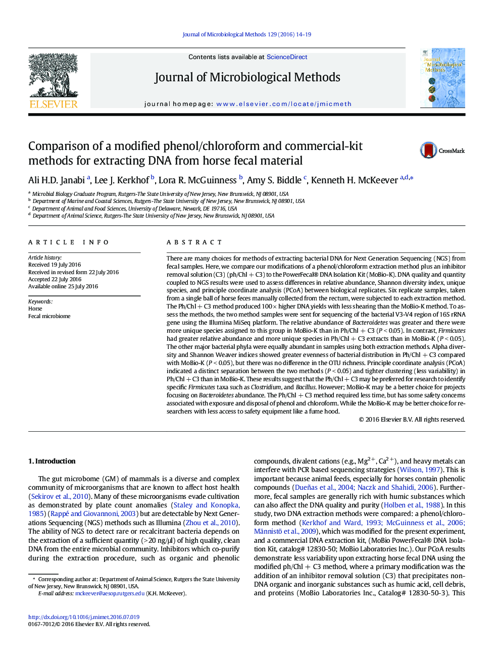 Comparison of a modified phenol/chloroform and commercial-kit methods for extracting DNA from horse fecal material